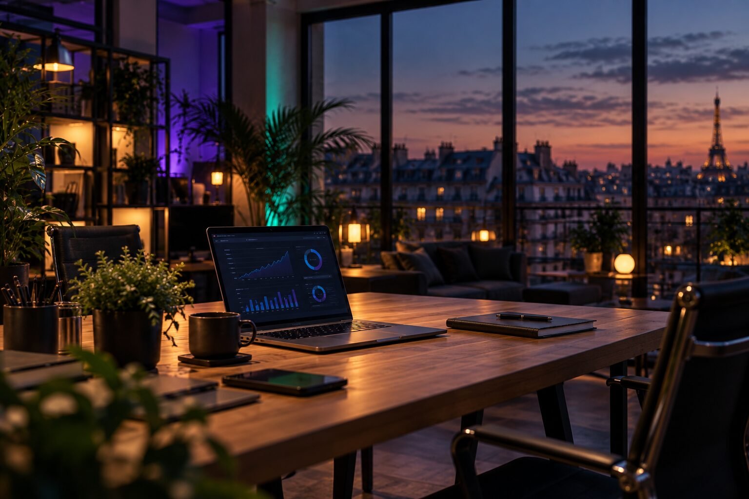 Espace de travail de l'agence LikeSharePro au crépuscule, avec vue sur les toits de Paris